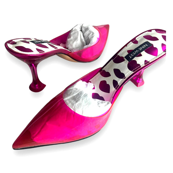 Nine West HOTT Clear Plastic Mule Heels Pumps | Barbie Hot Pink | Womens 8.5 NEW - Picture 12 of 16